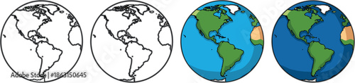Earth globe illustration set showing world map in outline, line, and colored styles, geographic planet icons for education, navigation, infographics, and global concept designs