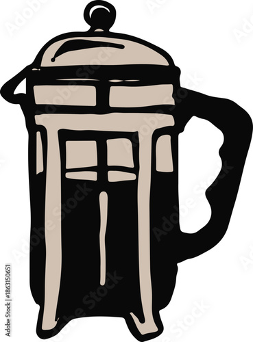 Stylized illustration of a classic French press coffee maker with a plunger and handle, in black and beige colors.