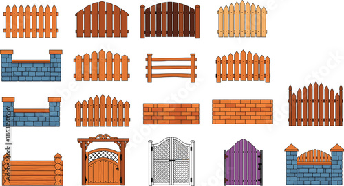 Wooden Fence and Garden Gate Illustration Set Featuring Rustic, Brick, Stone, and Decorative Barrier Designs for Outdoor Landscaping Projects