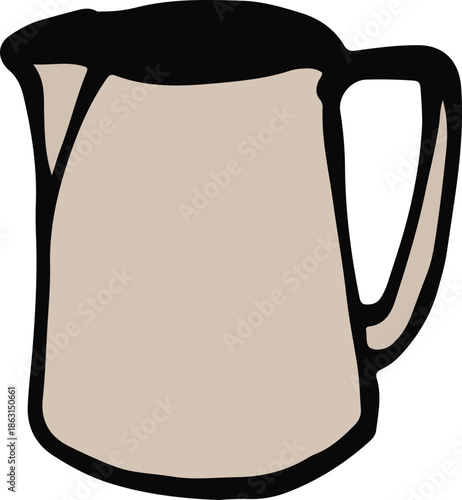 A hand-drawn illustration of a simple beige pitcher with a black rim and handle, suitable for holding liquids.