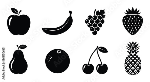 A collection of various black silhouette fruit icons displayed in a single row