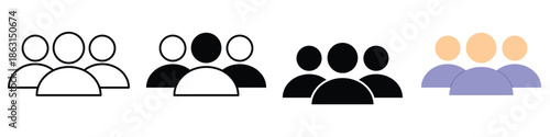 Comprehensive set of stylized group icons representing people, users, and teams, available in outline, solid, and colored variations for UI/UX design and digital applications