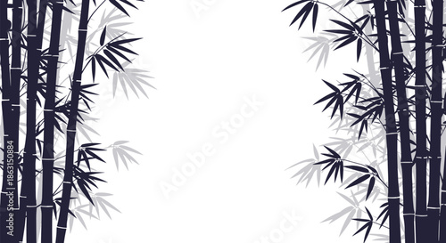 Vertical bamboo stalks silhouette frame on both sides with white space for asian culture and spa wellness themes.
