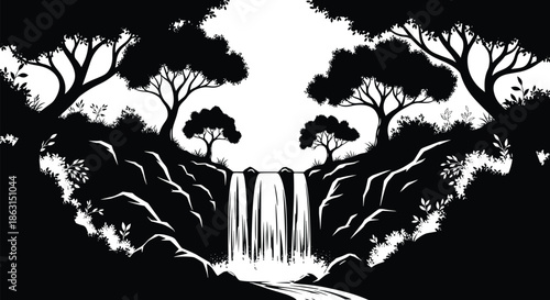 Detailed black and white silhouette of a serene forest landscape featuring a multi tiered waterfall and lush wild vegetation.