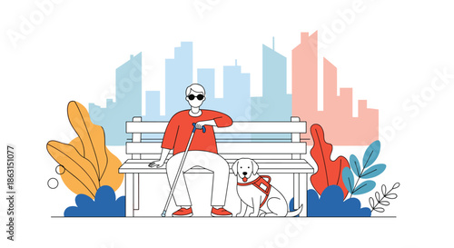 Flat illustration of a blind man with sunglasses and a walking cane sitting on a park bench with his faithful white guide dog.