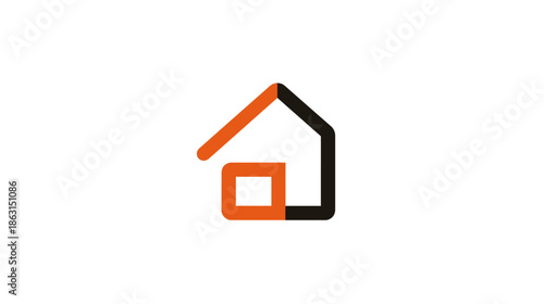 Modern minimalist house icon in orange and black line art. Simple home symbol with square window on white background.