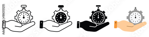 Strategic time management and efficient process optimization solutions, symbolized by a hand holding a gear stopwatch icon, representing control, productivity, and effective planning