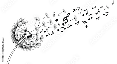 Artistic drawing of a dandelion blowing in the wind with seeds transforming into black musical notes and symbols in a creative way.