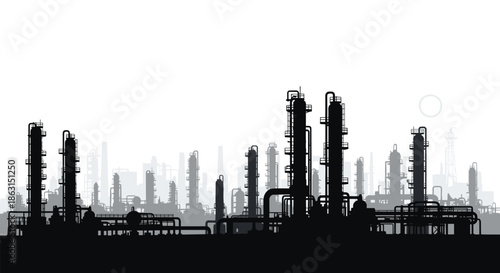 Wide panorama silhouette of a large industrial oil refinery and chemical plant with numerous towers and interconnected pipe systems.