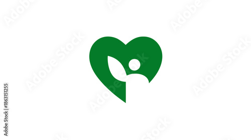 Green heart health icon with stylized person and leaf. Symbolizing well-being, nature care, eco-friendly lifestyle, and vitality.