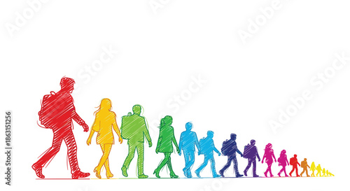 Colorful sketch of a diverse group of people of different ages and sizes walking in a line across a clean white background.