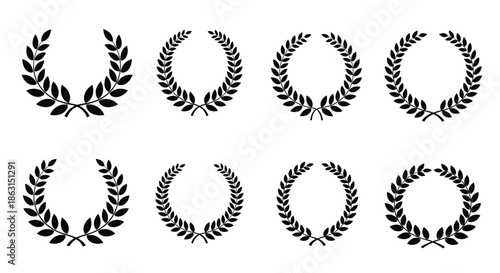 Collection of eight different laurel wreath silhouettes representing victory success and achievement for various award designs.
