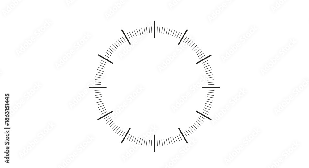 © Lamiya - Simple black and white circular dial with minute and hour markings representing a classic clock face or gauge without any hands.