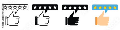 Vector icon set illustrating excellent customer satisfaction and positive product reviews through a five-star rating and thumbs-up gesture, signifying approval and high-quality user experience