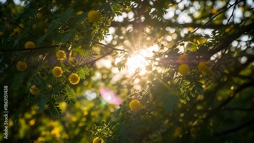 Golden morning sunlight piercing through acacia tree leaves with vibrant yellow flowers