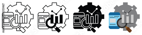 Optimizing mobile data insights Gear, magnifying glass, and bar chart icons representing app analytics, search, and business performance