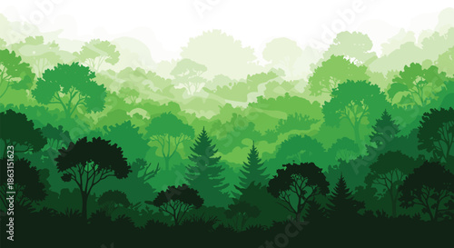 Beautiful layered landscape of a dense green forest with various tree silhouettes fading into a soft misty white background.