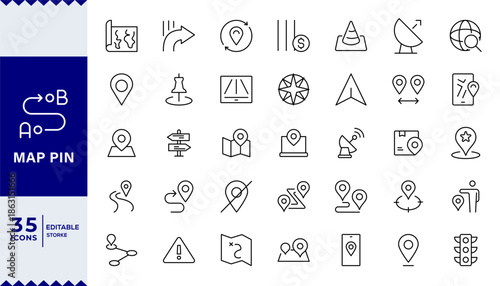 Pixel Perfect, Map pin line icon set. Location, push pin, map marker, geolocation, route, map marker, address, position, tracking, geolocation,  Editable line icons. Vector illustration.