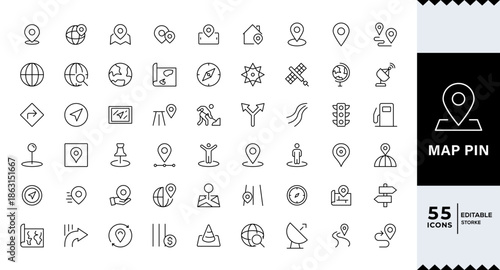 Pixel Perfect, Map pin line icon set. Location, push pin, map marker, geolocation, route, map marker, address, position, tracking, geolocation,  Editable line icons. Vector illustration.