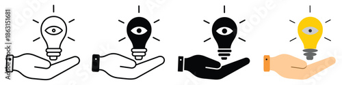 A captivating graphic design illustrating a hand gently holding an illuminated lightbulb featuring an all-seeing eye, representing a visionary new idea or an innovative solution