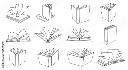 Collection of diverse open and closed books in various perspectives shown as simple black and white outline sketches for study.