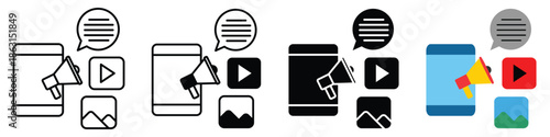 Modern vector icon collection illustrating mobile content marketing, social media promotion, and digital communication tools on smartphones for business strategies