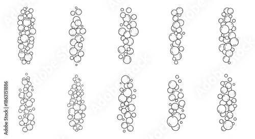 Graphic collection of several vertical streams of bubbles in line art style on a clean white background for design.