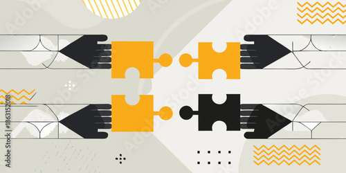 Puzzle pieces with arrows and abstract shapes representing connection and problem solving