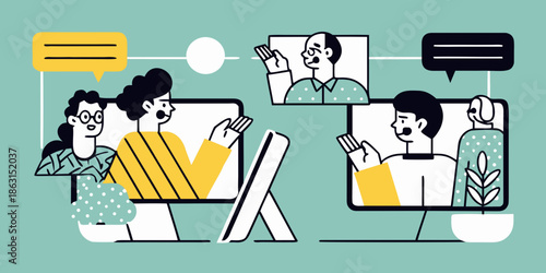 People connecting through video conferencing and digital communication on devices