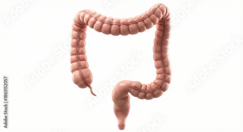 A photorealistic 3D render of a human large intestine, anatomically correct, clean and healthy segmented tissue texture, showing the ascending, transverse, descending, and sigmoid colon