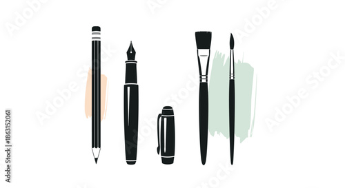 Set of minimalist black silhouettes of artistic tools like pens a pencil and paintbrushes with abstract color strokes.