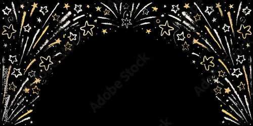 A celebratory archway of golden and silver fireworks against a dark background