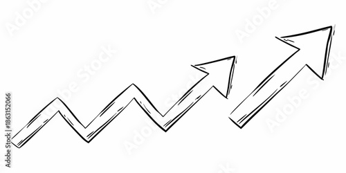 Sketch of a rising graph with upward trending arrows and fluctuating lines