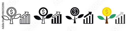 Vector Icons Depicting Financial Growth, Investment Success, and Business Prosperity with Money Tree and Rising Bar Charts for Economic Development
