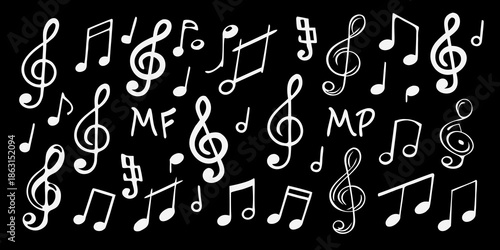 An assortment of white musical notes and symbols against a dark background