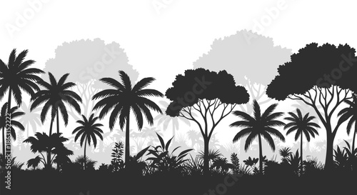 Horizontal silhouette of a tropical forest with palm trees and dense jungle foliage against a soft misty sky.
