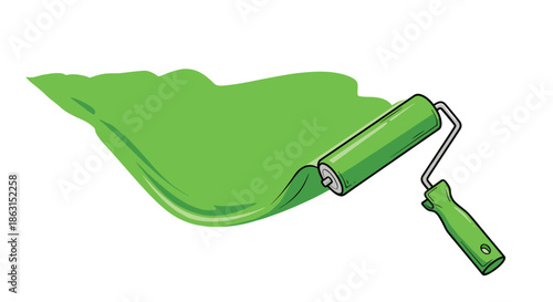 Paint roller with a green handle applying a coat of bright green paint onto a clean white surface for renovation.