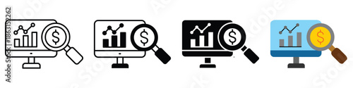 Digital icon collection for financial analysis, market research, and business performance, featuring data charts on a computer monitor with a magnifying glass