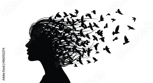 Artistic profile silhouette of a woman whose hair transforms into a flock of black birds flying away like dreams.