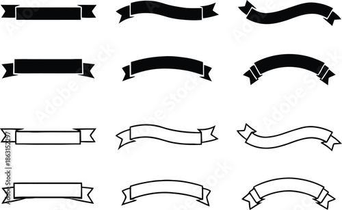 Ribbon banner icon set, Ribbon banner collection, decorative silhouette icons, ribbons sign style. Web icon kit of text banner tapes, Vector illustration !
