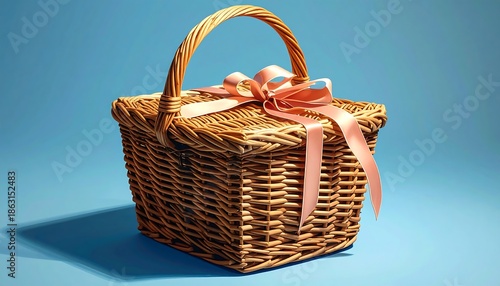 Wicker Basket with Pink Ribbon on Blue Background.