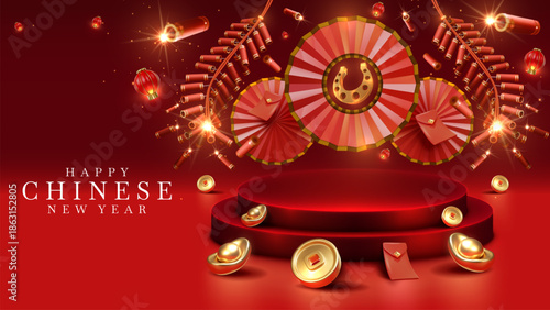 3D realistic red podium for Chinese New Year product display with horseshoe gold symbol, firecrackers with traditional elements. Year of the horse poster.