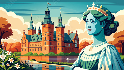 Very beautiful historic view of Rosenborg Castle and Queen Caroline Amalie statue in Copenhagen, Denmark, combining royal architecture, cultural heritage, and elegant city surroundings.