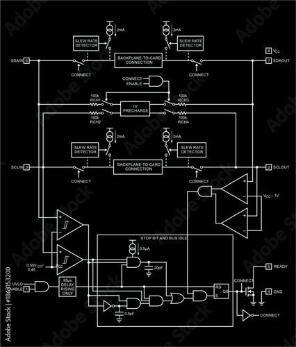 Schematic diagram of electronic device on paper sheet. Vector drawing electrical circuit with components:  
capacitor, resistor, switch, operational amplifier, logic element of integrated circuit.
