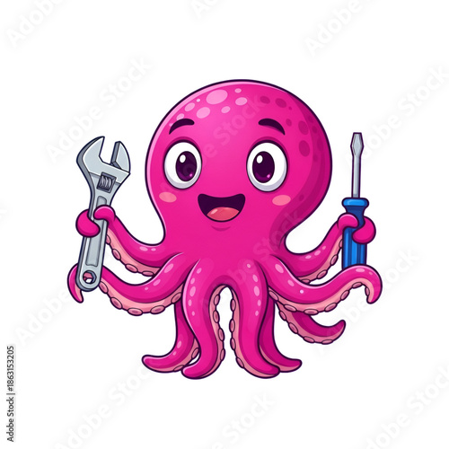Pink Octopus Cartoon Character Holding Wrench and Screwdriver