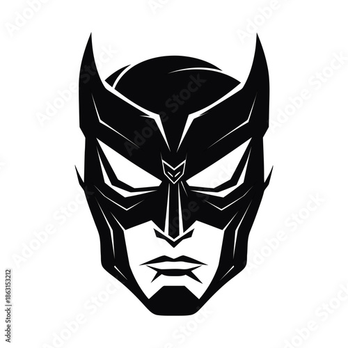 Superhero mask icon. Stylized black silhouette of a face in a mask with pointed ears or horns and geometric lines. Vector illustration.