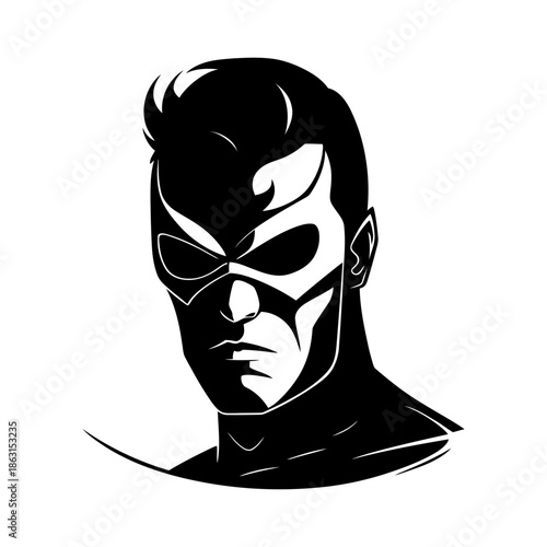 Superhero avatar icon. Stylized black silhouette of a man's head and shoulders in a mask. Halftone and contrasting lines. Vector illustration.