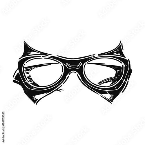 Stylized black and white superhero mask-glasses with sharp angles and hand-drawn elements. Vector illustration.