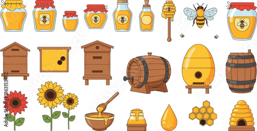 Honey Production and Beekeeping Illustration Set with Jars, Beehives, Bees, Honeycombs, Barrels, Sunflowers, and Natural Apiary Elements for Organic Food Designs