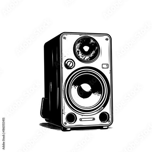 Stylized black and white studio monitor or speaker with different sized drivers. Detailed drawing in comic book style. Vector illustration.